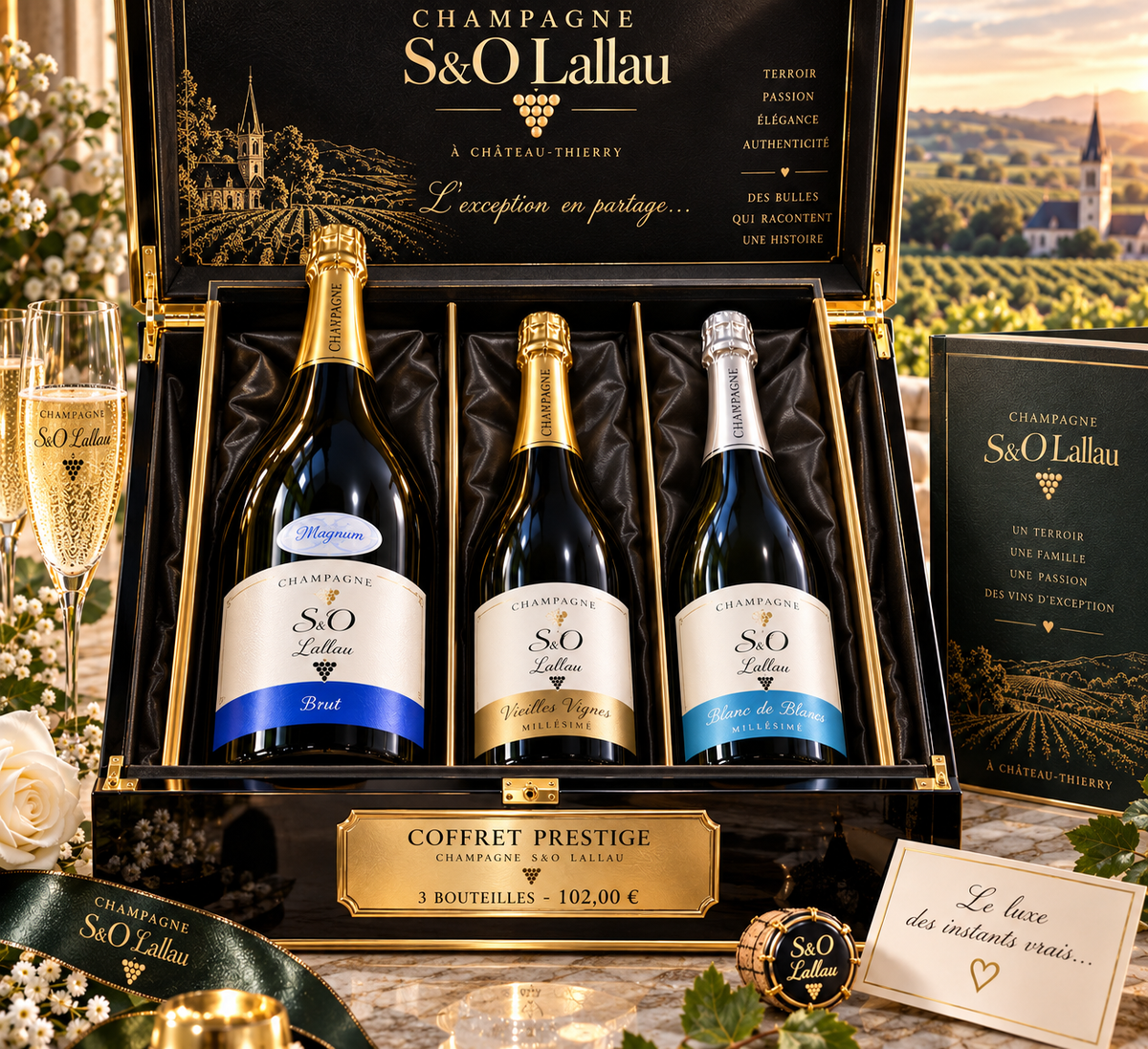 COFFRET PRESTIGE CHAMPAGNE S&O LALLAU -3 BOUTEILLES