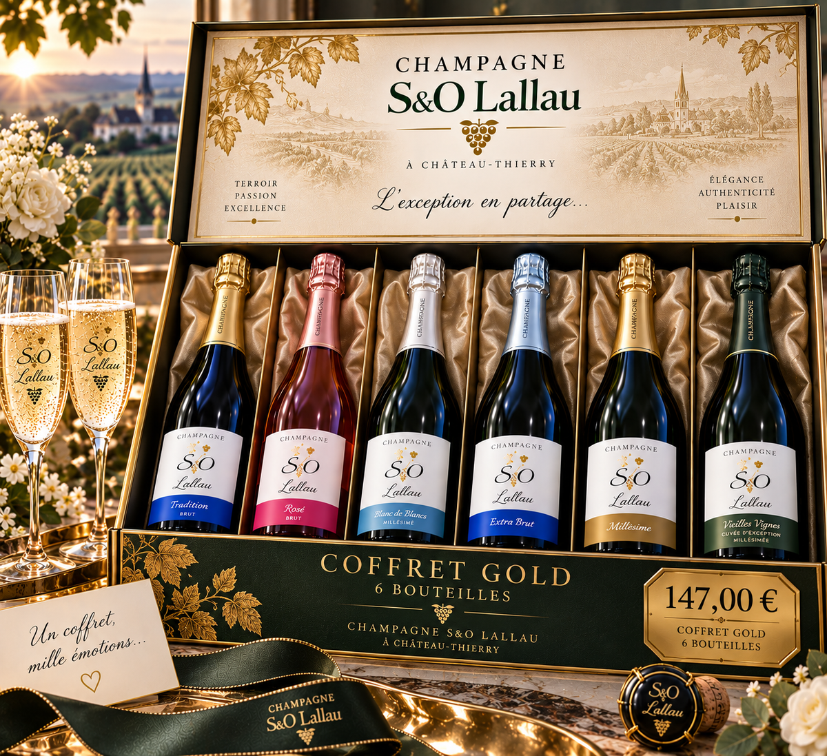COFFRET GOLD CHAMPAGNE S&O LALLAU -6 BOUTEILLES